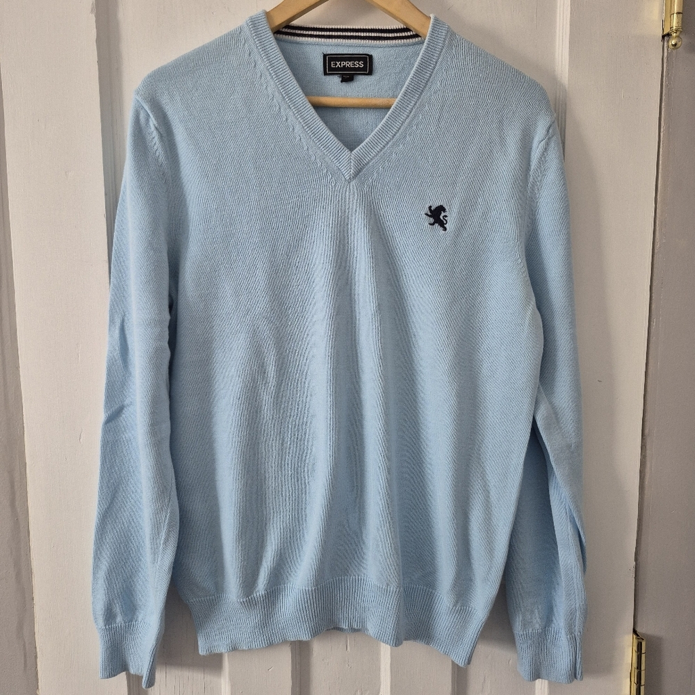 Express Vintage Y2K Unisex V-Neck Sweater Cotton Baby Blue Sz S